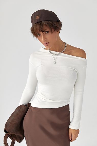 Асиметричний лонгслів з відкритим плечем - молочний цвет, M (є розміри) | Зображення 4