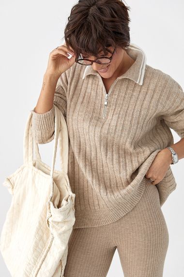 В'язана кофта-поло в широкий рубчик - бежевий цвет, ONE SIZE (є розміри) | Зображення 2
