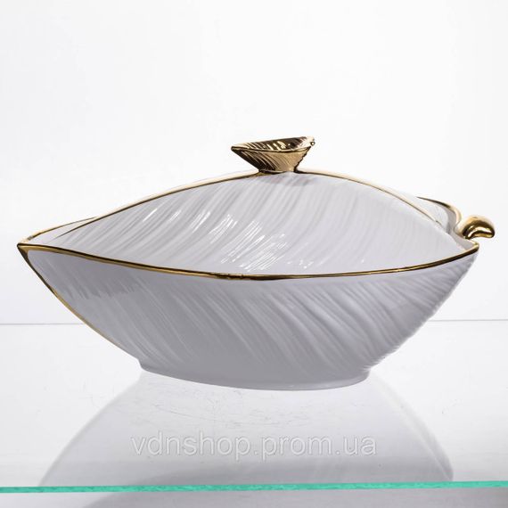 Супниця 800 (мл) порцелянова 32×21×16 (см) з кришкою Біла з золотом XL-4054AG | Зображення 2