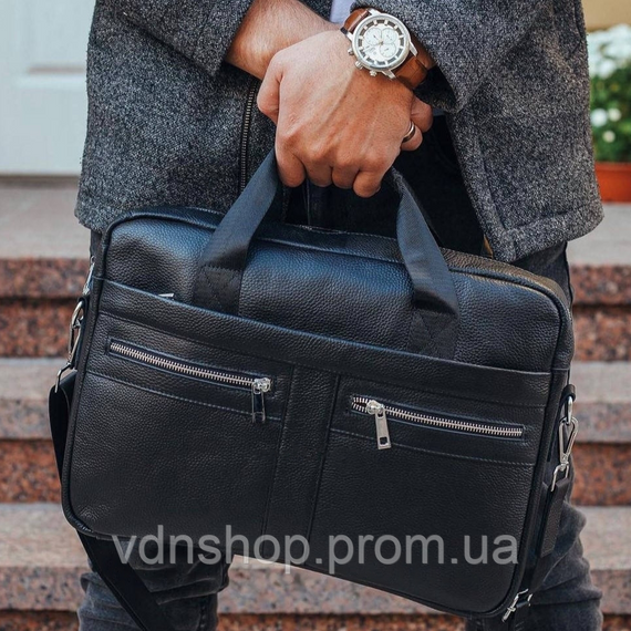 Кожаная мужская сумка для ноутбука и документов черная 39x28x8, портфель для бумаг, черный | Зображення 2