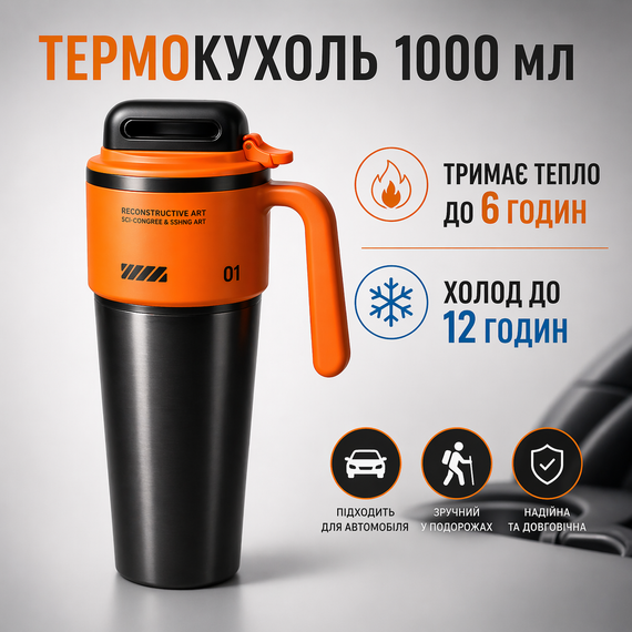 Термокружка 1000 мл из нержавеющей стали, вакуумная с ручкой и трубочкой, черная с поморанчевым, для автомобиля и походов. | Зображення 2
