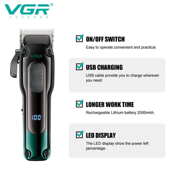 Акумуляторна машинка для стрижки Clipper VGR V-013 Red, 8 насадок, 6500 об/хв, 2000 mAh, LED дисплей (46205-V-013 RED_554) | Зображення 4