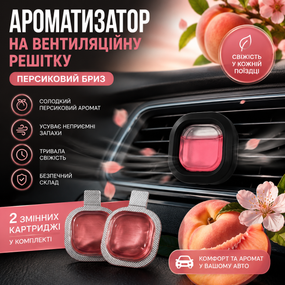 Автомобільний ароматизатор на вентеляційну решітку Персик із 2 змінними картриджами для дефлектора авто