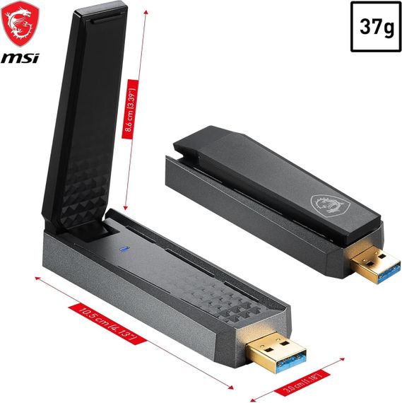 Адаптер Wi-Fi 6 MSI AX1800, мережева карта WLAN до 1800 Мбіт/с, USB 3.2 Gen 1 Type-A, MU-MIMO з антеною та підставкою,  WPA3 | Зображення 2