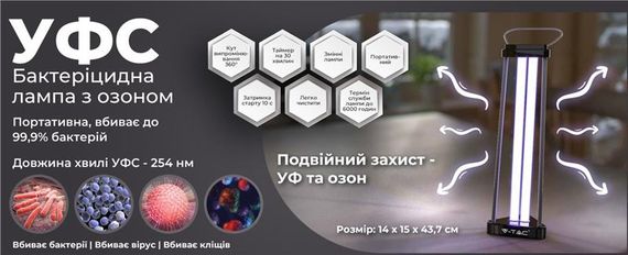 Кварцевая бактерицидная лампа V-TAC VT-3239 UVC 38W, УФ+Озон, 60м2, датчик движения, таймер, чёрный (11208) | Зображення 4