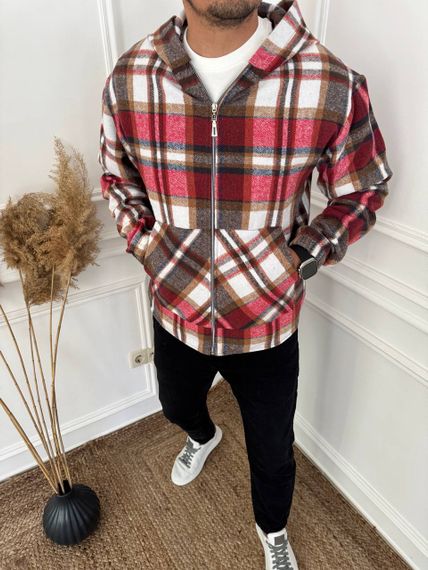 Теплая мужская байковая рубашка в клетку на молнии с капюшоном размер 48/50 цвет красный  adl100