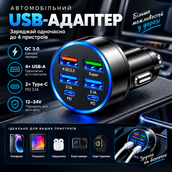 Автомобільний зарядний пристрій 6-в-1 PowerHub 100Вт (4USB + 2PD) | Зображення 7