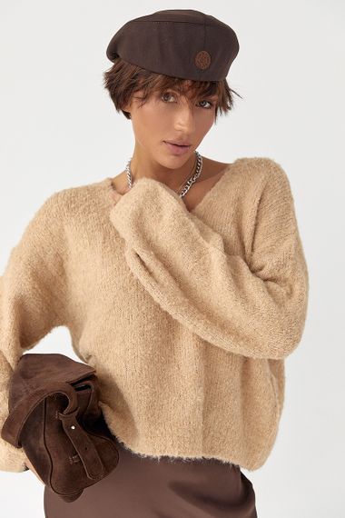 В'язаний джемпер з V-подібною горловиною - світло-коричневий цвет, ONE SIZE (є розміри) | Зображення 3