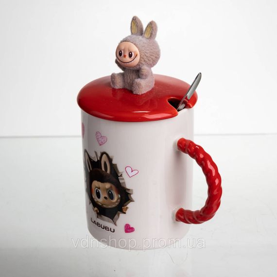 Кубок порцелянова з кришкою і ложкою Labubu 400 (мл) подарункова кружка прикольна чашка для дітей на подарунок Червоний FM-35D | Зображення 3