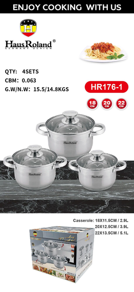 Набор кастрюль Haus Roland HR176-1, 3 шт из нержавеющей стали 2,9/3,9/5,1 л. Серебристый (HR176-1) | Зображення 1