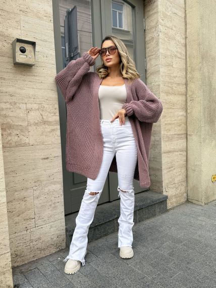 Жіночий трикотажний теплий кардиган оверсайз колір моко розмір onesize 44-54  ML5009 | Зображення 5