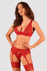 Комплект с поясом для чулок Obsessive Lacelove set Красный M/L