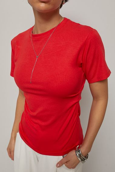 Однотонна футболка з драпіруванням - червоний цвет, ONE SIZE (є розміри) | Зображення 3