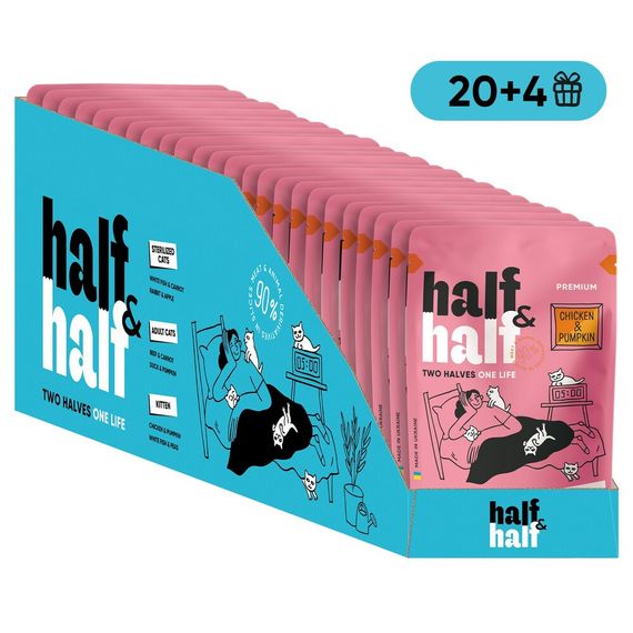 НАБІР Корм вологий Half&amp;Half для кошенят з куркою та гарбузом в соусі 20+4 шт х 85г.