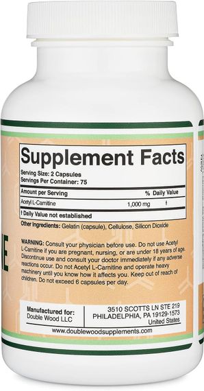 Ацетил L-карнитин Double Wood Acetyl L-Carnitine 1000 mg (на 2 капсули), 150caps | Зображення 1