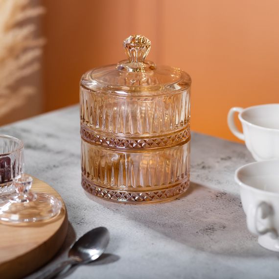 Цукерниця скляна з кришкою Ø 10 см двоярусна цукерниця коричнева | Зображення 4