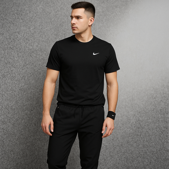 Чоловічий комплект Nike штани + футболка чорний (лого вишивка)