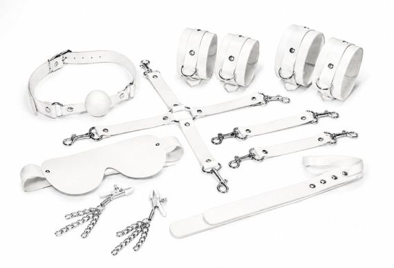 Набір Feral Feelings BDSM Kit 7 White, наручники, поножі, конектор, маска, падл, кляп, затискачі Sex Aura