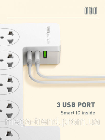 Подовжувач мережевий 2 метри Ldnio Management Power Strip Box  ⁇ 2500W, 3USB, 5 Sockets, 3.1 A ⁇  мережевий фільтр | Зображення 4