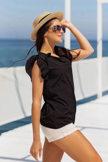 Женская легкая летняя блуза с коротким рукавом волан MI499 цвет черный, размер 46/48 | Зображення 1