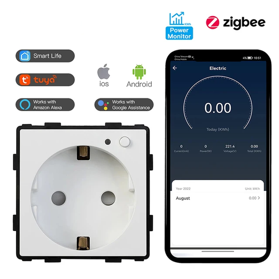 Розумна розетка BSEED Zigbee, розетка для монітора потужності сумісність Tuya Smart Life Білий (sv3731wh)