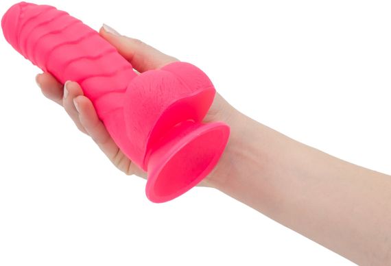 Ребристий фалоімітатор на присосці ADDICTION — Tom 7″ Dildo With Balls — Pink, віброкуля в подарунок | Зображення 3