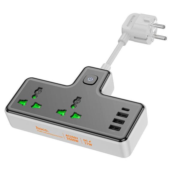 Мережевий фільтр HOCO AC11A на 2 розетки + 3 USB + USB-C, 17W, кабель 1, 5 м