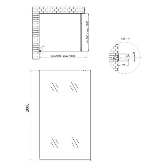 Душова перегородка Qtap Walk-In Standard BLM201.C8 100х200 см, скло Clear 8 мм, покриття CalcLess | Зображення 1