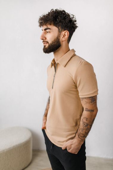 Мужское поло-футболка на пуговицах BD0046 цвет бежевый, размер L | Зображення 1