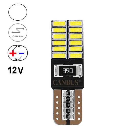 Автолампа світлодіодна T10/W5W, цоколь W2.1x9.5d, 4014 х 24 smd, білий, 12 В, обманка, біполярна | Зображення 1