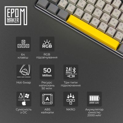 Клавиатура Epomaker EP64 60 Mulan Switch Hot-Swap RGB Wireless/Bluetooth/USB UA Black (EP64-B-M) | Зображення 4