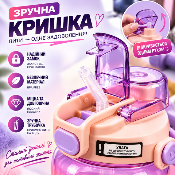 Спортивная бутылка для воды START TRAINING 1500 мл с ручкой и трубочкой - фиолетовая, большая фитнес-бутылка 1,5 л | Зображення 6