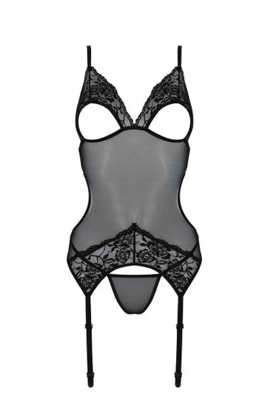Корсет із підв’язками та ажурним ліфом Passion CHRISTA CORSET XXL/XXXL, black, стрінги в комплекті sexstyle | Зображення 3