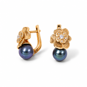 Серьги из желтого золота 585 пробы с черным жемчугом S-0399
