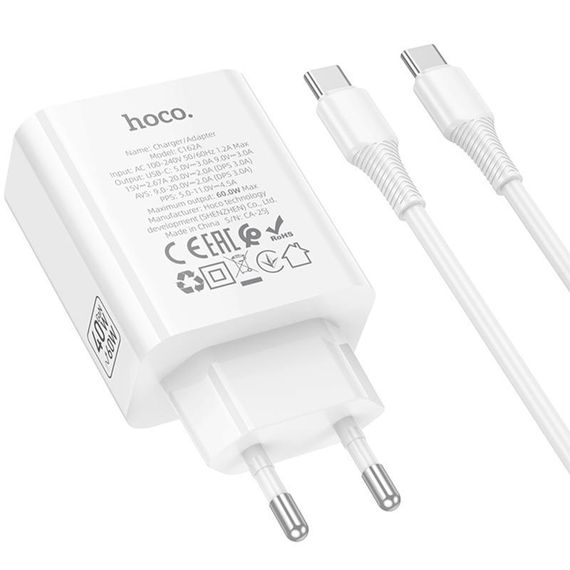 МЗП Hoco C162A Source PD40W (1USB-C) + кабель Type-C to Type-C White | Зображення 3