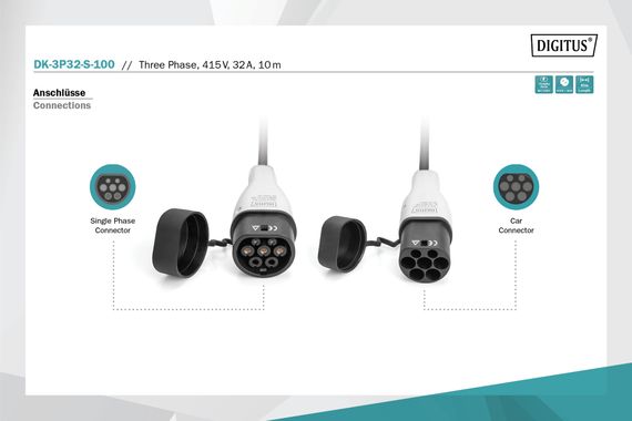 Кабель зарядний Digitus EV Three Phase, 415V, 32A, 10 m Type 2 to Type 2 Spiral (DK-3P32-S-100) | Зображення 1