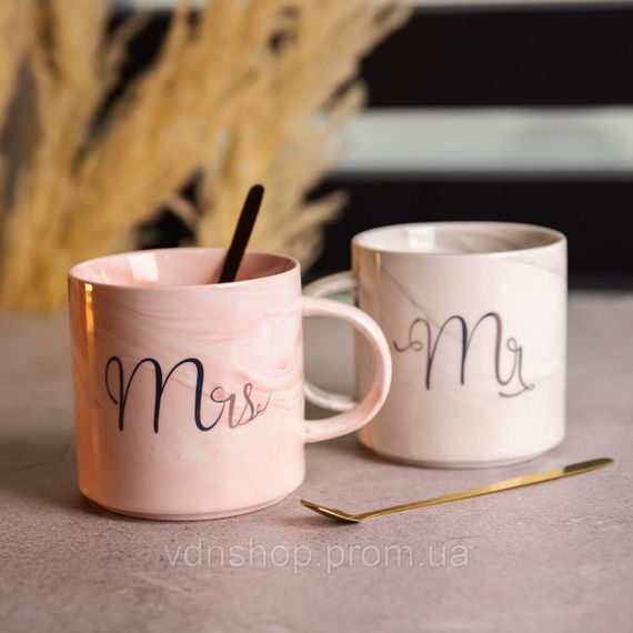 Набор парных фарфоровых чашек Mr&Mis 2 (шт) по 400 (мл) чашки на подарок с ложкой FM-28 | Зображення 1