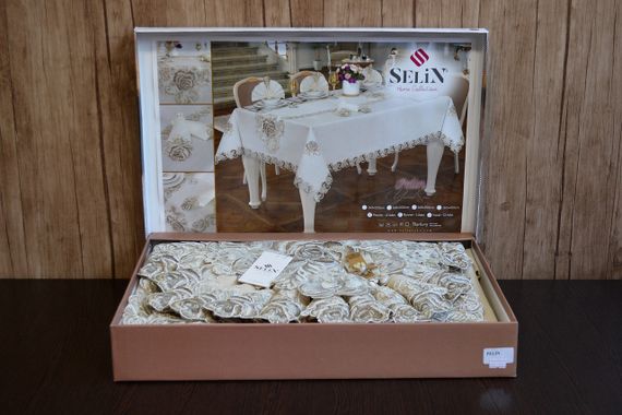 Льняная скатерть с ранером Selin Pelin Set 160×350+12 салфеток бежевая | Зображення 1