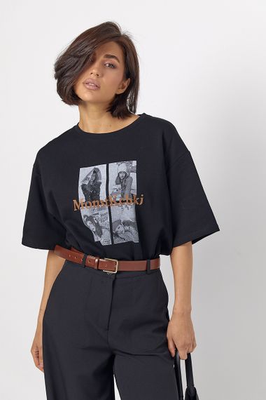 Однотонна жіноча футболка oversize з контрастним написом - чорний цвет, ONE SIZE (є розміри) | Зображення 4