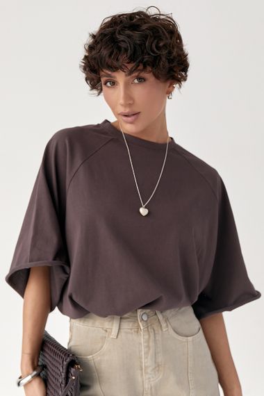 Однотонна вільна футболка з рукавами-реглан - коричневий цвет, ONE SIZE (є розміри)