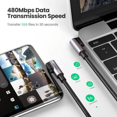 Дата кабель USB-C to USB-C 2.0m 3A 60W US323 90-degree Black Ugreen (70531) | Зображення 4