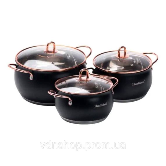 Набір каструль із нержавіючої сталі 2,6 л - 3,6 л - 6,1 л зі скляними кришками HP33525B