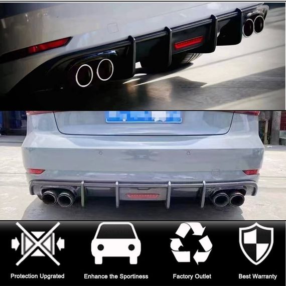 Диффузор заднего бампера с LED стоп-сигналом (для Base SD 2017-2020, Карбон) для Ауди A3 | Зображення 1