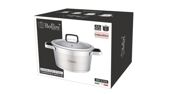 Каструля Bollire Palermo BR-2104, 5. 2 л, 24 см, з нержавіючої сталі з кришкою, для всіх типів плит | Зображення 2