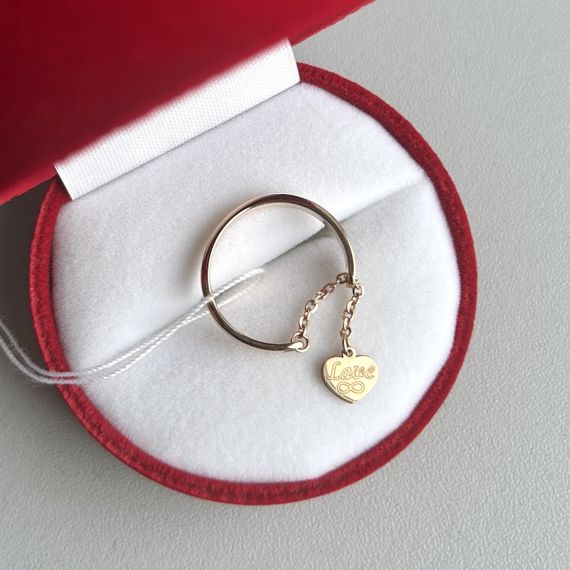 Золоте жіноче кільце з ланцюжком і серцем-підвіскою Love 16.5 р, 585 проба | Зображення 4