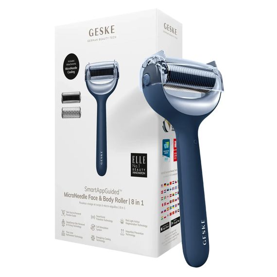 Электронный роллер для лица и тела с микроиглами GESKE MicroNeedle Face&Body Roller 8в1 gray, Синий