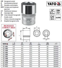 Головка 6-гранная короткая 1/4" М4х25 мм Польша YATO YT-1401