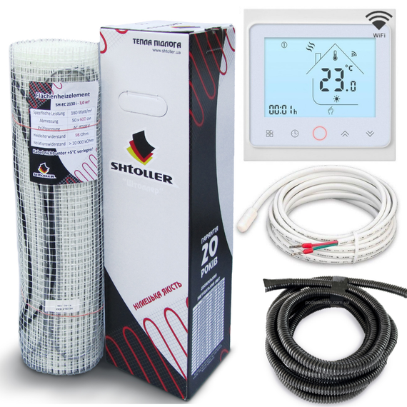 Нагрівальний мат Shtoller Ecotherm 180 Вт/м² + програмований термостат з Wi-Fi. Під плитку, ламінат, вініл 15 м² (2700 Вт)