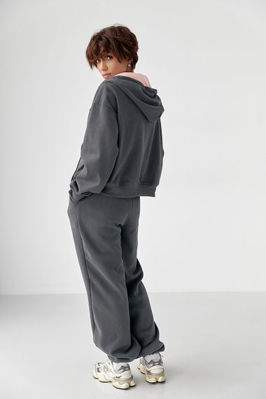 Теплий спортивний костюм з капюшоном із рожевим начосом - темно-сірий цвет, S/M (є розміри) | Зображення 1