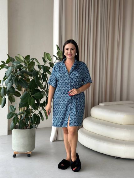 Шовкова синя сорочка на ґудзиках для дому PLUS SIZE | Зображення 1